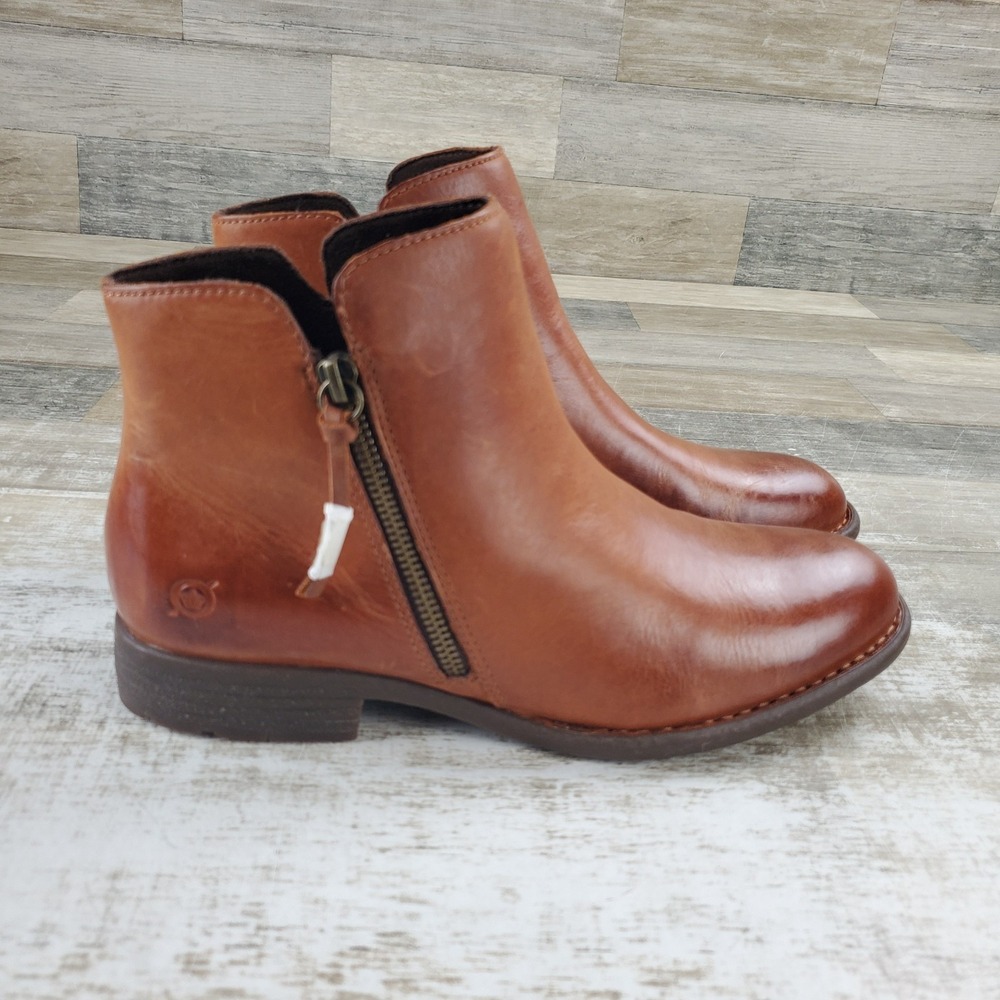 Born Cleo Womens Ankle Bootie Sz 9.5 Brown Leather Side Zip Block Heel Round Toe